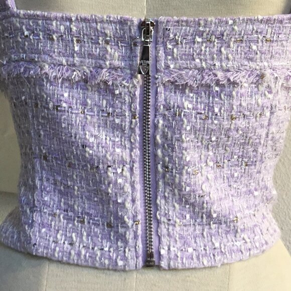 GUESS Metallic Tweed Corset Crop Top Adjustable Straps Zip Back Lined Lila S - Picture 6 of 8